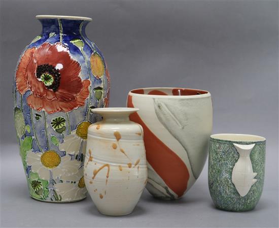 Jonathan Cox (contemporary), a Poppy Fields ceramic vase, signed and three other items, H 26cm (poppy vase)